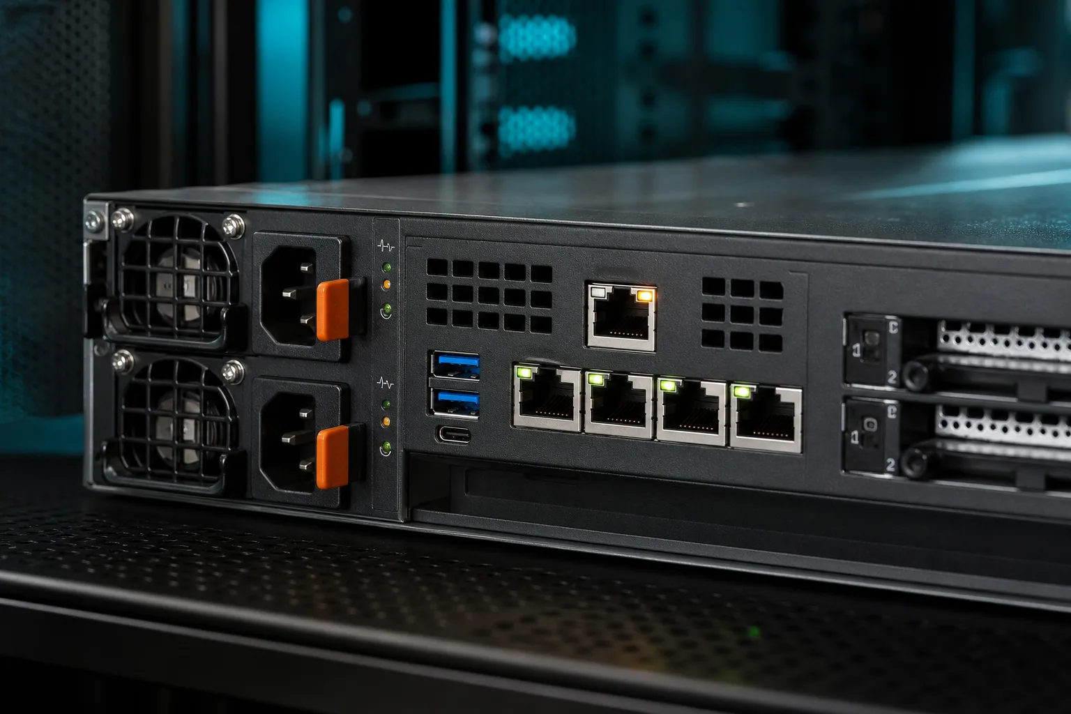 Fiziksel sunucu arka panelinde dedicated IPMI iDRAC BMC yönetim ethernet portu